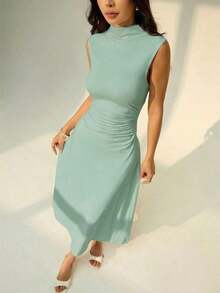 Vestido maxi de línea A con cuello mao, sin mangas, fruncido, color blanco, nuevo para el Día de San Valentín.Elegante y romántico atuendo para citas y trabajo, vestidos de verano para mujer - verde menta - Ver 6