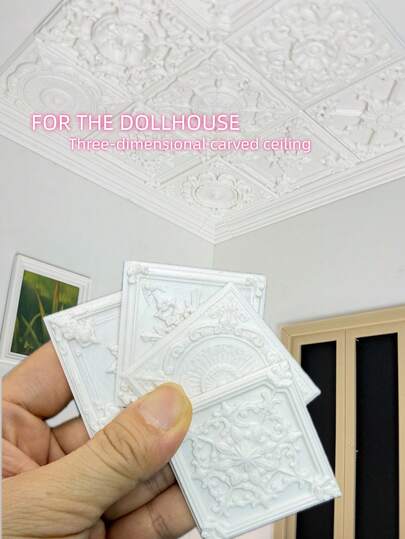 5厘米白色方形非木质娃娃屋微缩3D雕刻天花板、3D浮雕拼接墙板和地砖、欧式哥特式建筑DIY装饰材料、迷你墙砖