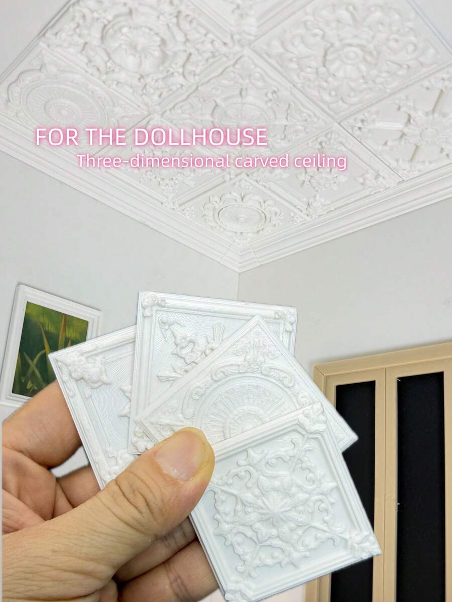 非木製 5cm 白色正方形迷你 3D 雕花天花板、模型屋 3D 浮雕拼接牆板地板磚、歐洲哥德式建築 DIY 裝飾翻新材料、迷你牆磚 - 彩色 - 查看 1