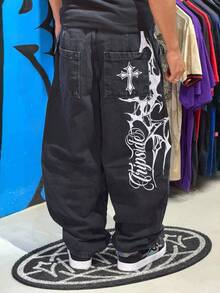 Trip Side Baggy Pants With Embroidered White Cross Print - Hard Print - New Premium Release - Street Skate - Dark Wash - View 1