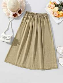 Girl's Casual Minimalist Front Button A-Line Denim Maxi Skirt, Suitable For Outings And Gatherings All Seasons - Khaki - View 3
