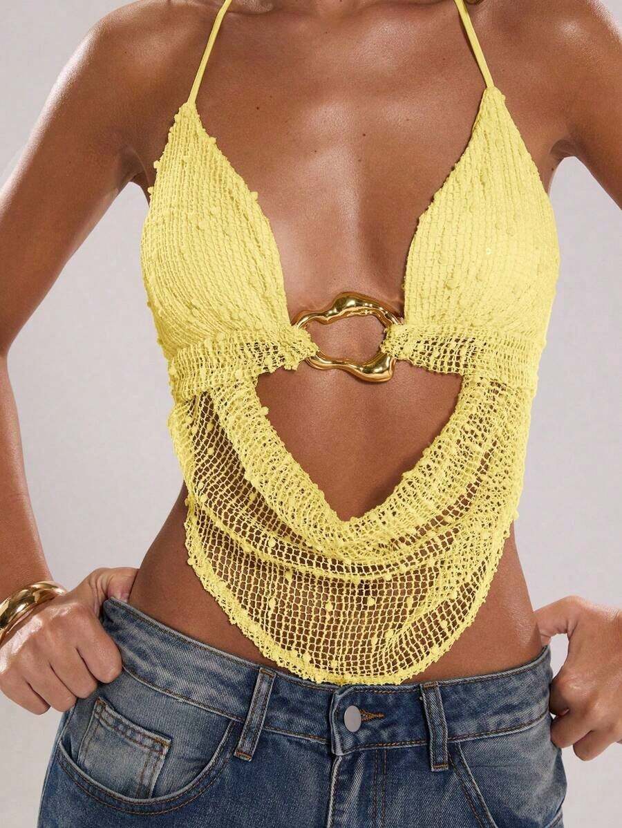 Top sin espalda con halter bordado de encaje y cuentas, apropiado para vacaciones en la playa - Amarillo - Ver 1