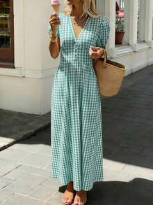 Vestido midi de corte evasé con cuello en V, mangas con volantes y cintura ceñida con estampado de cuadros para mujer - Verde - Ver 12