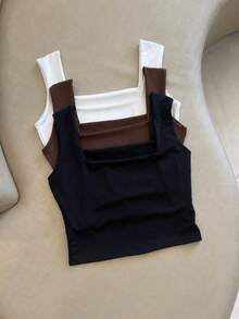 Set Of 3 Premium Basic Cropped Tops With Square Neck, Minimalist Tank Top, Structured Fabric, Casual Fashion, Blogger Style 2026 - Brown/Black/White - View 1