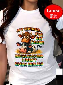 Camiseta de manga corta con cuello redondo y estampado divertido de vaca, top casual para primavera y verano, ropa de mujer de talla grande - Negro - Ver 6
