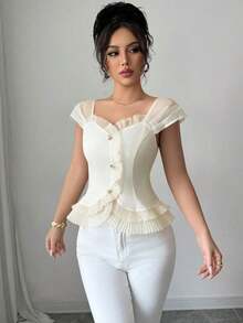 Blusa elegante de manga corta con diseño de botones y volantes en unicolor para mujer - Albaricoque - Ver 4