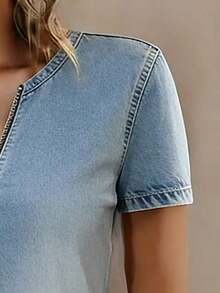 Selamara Camiseta de manga corta de efecto vaquero con cuello en V y diseño con cremallera, casual, para verano - Multicolor 3 - Ver 4