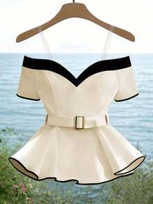 Blusa elegante y de moda para mujer, con diseño minimalista y versátil, con contraste de color negro y blanco, decoración de hebilla metálica y volantes en el bajo, para el verano - Albaricoque - Ver 4