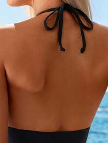 Swim Lushore Traje de baño de una pieza sexy para mujer con decoración metálica, diseño de escote en V y empalme transparente, adecuado para vacaciones en la playa - Marrón - Ver 2