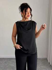 Camisa sin mangas de lino y algodón en beige con lazos en los hombros: informal para vacaciones, elegante para usar en la calle, adecuada para la oficina - Blusa talla grande para primavera y verano - Negro - Ver 5