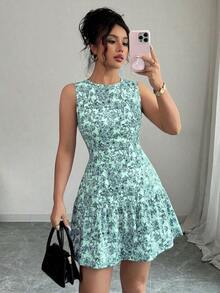 Vestido mini bohemio elegante francés con estampado floral sin mangas y cinturón para mujer, atuendo de graduación para primavera/verano - Multicolor 2 - Ver 7