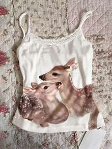 Camiseta de tirantes de mujer con bordado de perro salchicha, corazón y rayas con encaje de contraste - Blanco - Ver 1