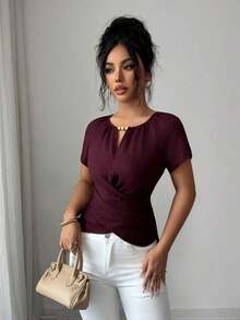 Blusa de manga corta con cuello redondo, estilo envolvente, elegante y casual, con cinturón y cuentas, adecuada para ir al trabajo, citas, y uso durante todo el año en primavera/verano.Blusa elegante para damas, apropiada para fiestas, citas, oficina, negocios, vida diaria en primavera/verano, temporada de graduación, Día del Maestro, vuelta al colegio, Acción de Gracias.Blusa de manga corta para uso diario, de unicolor con cuentas. - Morado - Ver 4