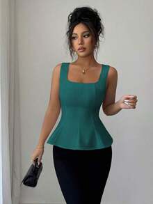Blusa elegante de cuello cuadrado sin mangas para mujer, adecuada para la oficina, el transporte, el té de la tarde, las fiestas, las vacaciones y ocasiones casuales - Verde Oscuro - Ver 5