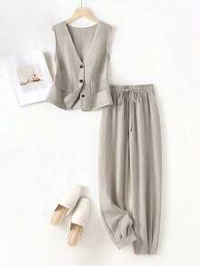 Conjunto de blazer, chaleco y pantalones de lino casual para mujer, color rosa para primavera/verano - Gris Claro - Ver 3