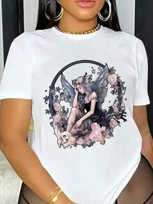 Soft Gothic Style Short-Sleeved Round Neck T-Shirt With Gothic Birthday Print, Fashionable And Simple, For Plus Size Women, For Spring And Summer - White - View 1