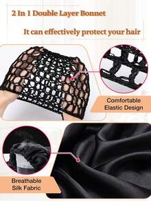 nunify 2 in 1 Wrap Cap Satin Bonnet Bolak-balik Dapat Dilepas untuk Rambut Keriting, Cocok untuk Tidur, Pelurusan Rambut & Perlindungan Kepang, Penutup Rambut Ganda yang Dapat Diatur dengan Jaring, Penutup Pelindung Rambut Elastis untuk Rambut Alami dan Kepang. - View 4