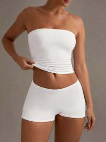 Camiseta sin tirantes sexy básica, top tubo blanco elástico de unicolor y ajustado a la moda, adecuado para todas las estaciones y uso casual en verano - Blanco - Ver 8