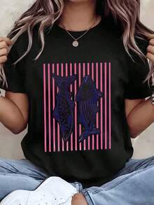 Camiseta de manga corta para mujer con estampado de peces y diseño de rayas, cuello redondo, estilo casual de verano, idea de regalo, camiseta para el verano. - Negro - Ver 1