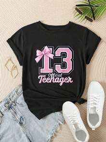Women's Casual Short Sleeve T-Shirt - Pink With Number Thirteen Bow, Official Teen Print, Crew Neck, Summer Top, Machine Washable, Ladies' T-Shirts, Casual Wear, Modern Style, Comfortable Fit

Black - 黑色 - 查看 2