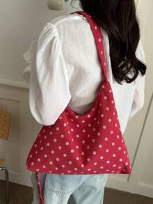 Polka Dot Tote Bag, Large Capacity Canvas Shoulder Bag, Casual Lightweight Women's Shopping Bag, Daily/Travel/Work Use - Red - View 6