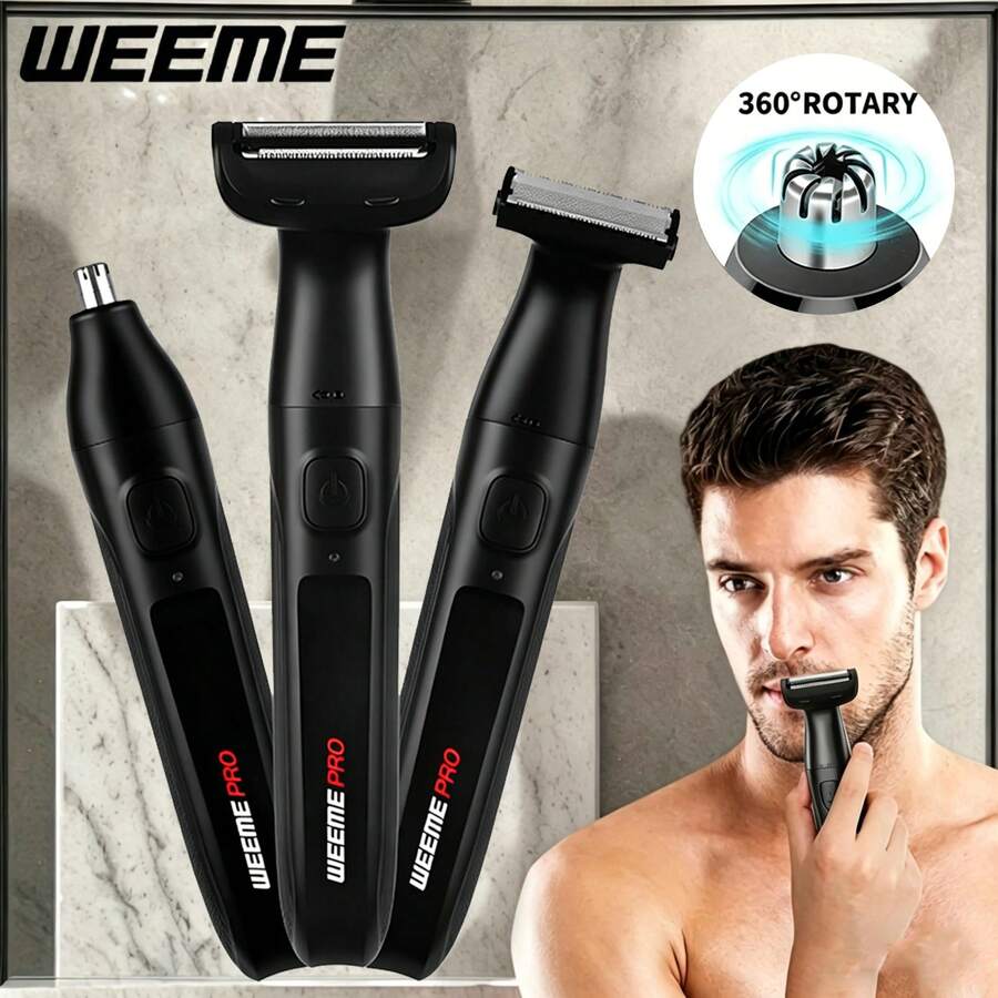 Set Alat Cukur Listrik WEEME 3-in-1 - Termasuk Alat Cukur, Pemangkas Bulu Hidung, dan Alat Pemotong Tepi. Perangkat Multifungsi Portabel Ini Memiliki Peringkat Tahan Air IPX6, Cocok Untuk Memangkas Jenggot, Kumis, dan Alis.