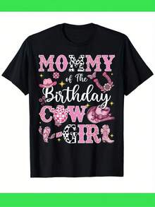 Stylish Women's Everyday T-Shirt With "Birthday Cowgirl Mom" Print – Fun Western Theme With Colorful Designs Including Cacti, Cowboy Hat, And Horseshoe Elements. Comfortable Cotton Casual Tee, Ideal For Birthday Parties And Fun Events. Chic And Fashionable Tee. - 黑色 - 查看 1