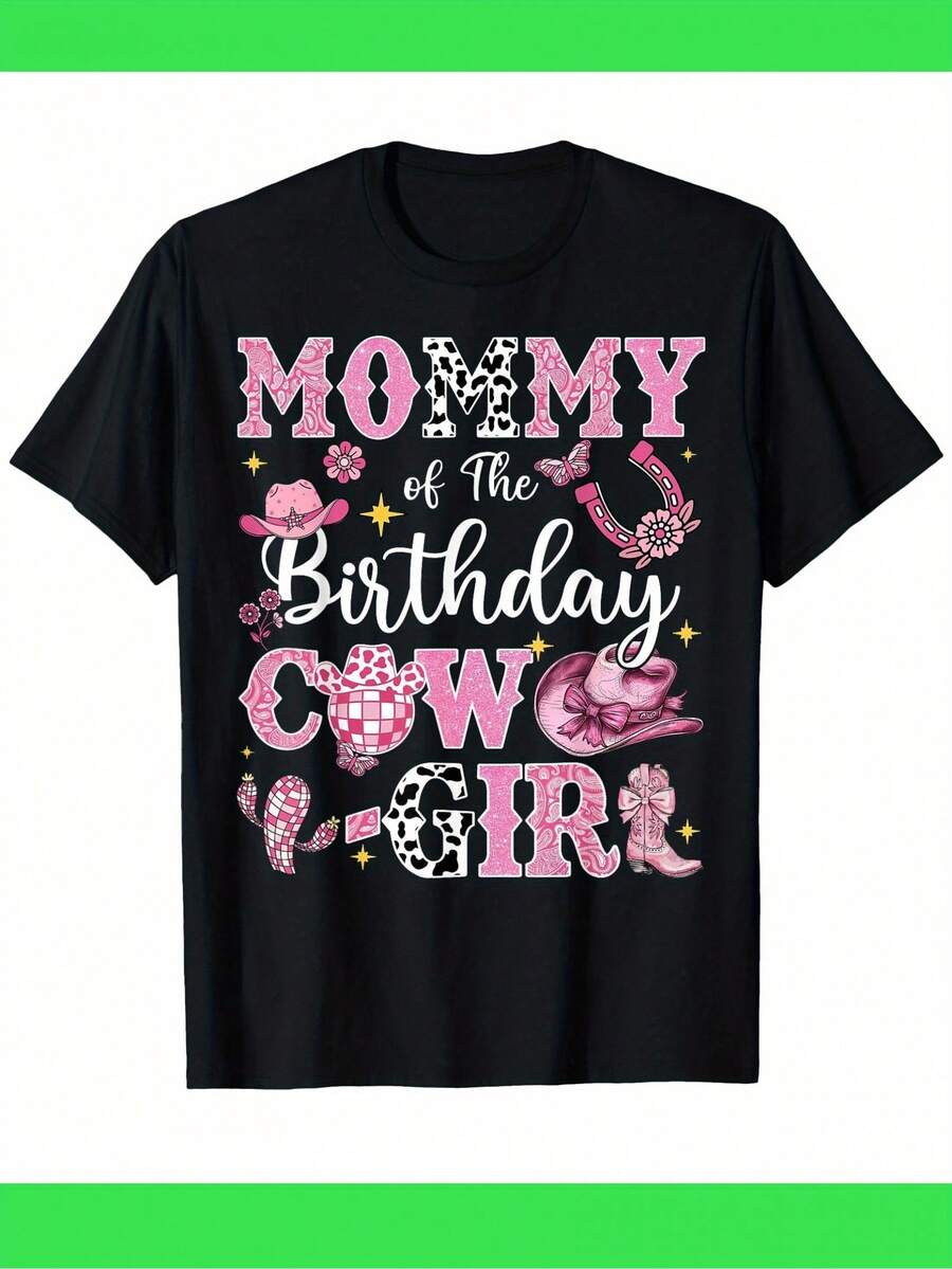 Stylish Women's Everyday T-Shirt With "Birthday Cowgirl Mom" Print – Fun Western Theme With Colorful Designs Including Cacti, Cowboy Hat, And Horseshoe Elements. Comfortable Cotton Casual Tee, Ideal For Birthday Parties And Fun Events. Chic And Fashionable Tee. - 黑色 - 查看 1