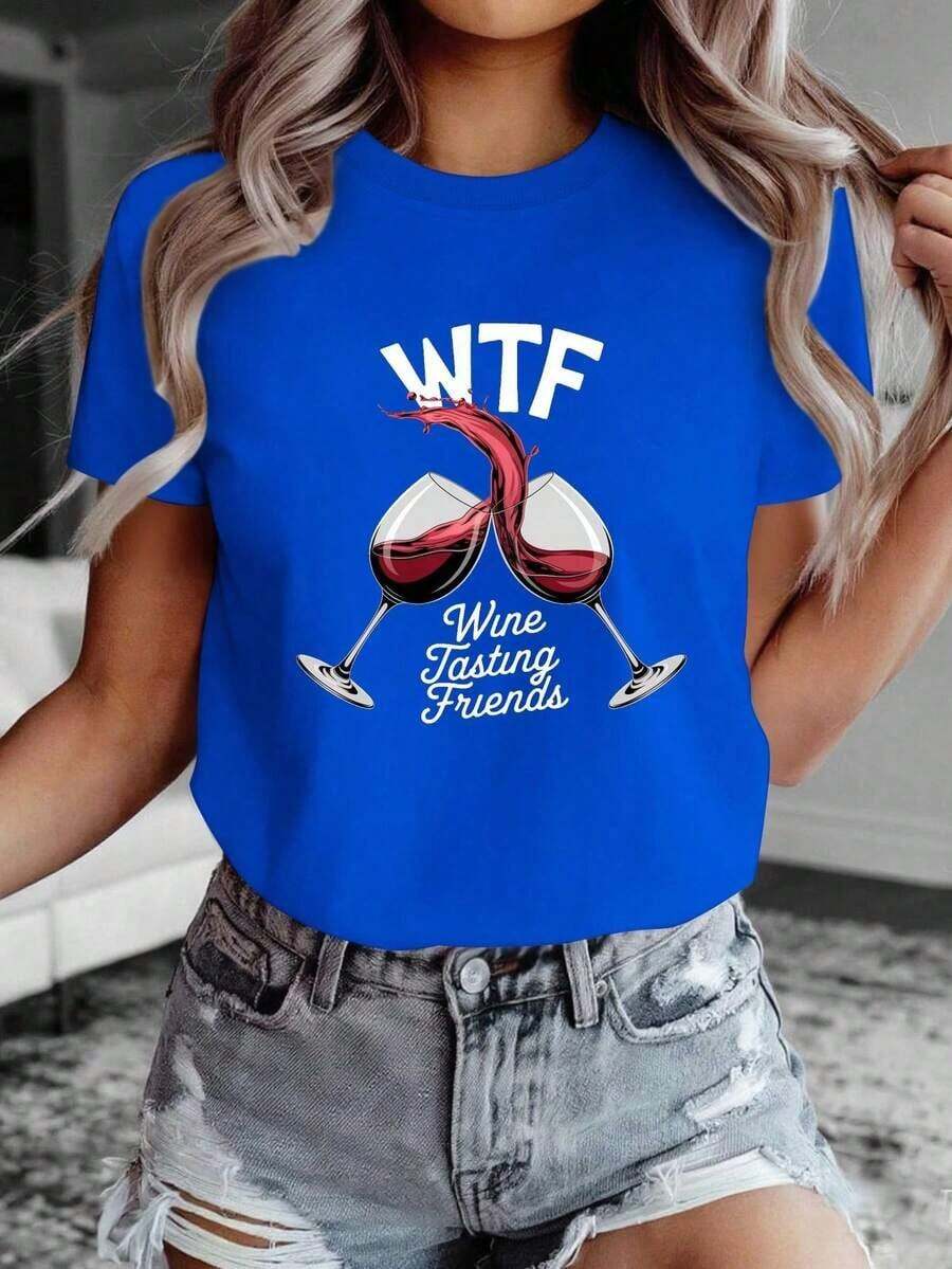 Camiseta moderna y minimalista de manga corta para mujer, ideal para cata de vinos, suave y cómoda. Camiseta de mujer, casual, 100% algodón. - Azul - Ver 1
