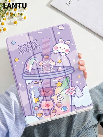 1 chiếc ốp lưng bảo vệ máy tính bảng hình gấu và thỏ dễ thương đang uống trà sữa trân châu, tương thích với Apple 10.2", Pro 11" 2020/2021, (A16) 11" thế hệ thứ 11 2025, thế hệ thứ 9/10, Air thế hệ thứ 4 10.9", Galaxy Tab S6 Lite 10.4", chống rơi vỡ, có khe cắm bút cảm ứng, hỗ trợ chế độ ngủ/thức, món quà lãng mạn dành cho người dùng máy tính bảng.