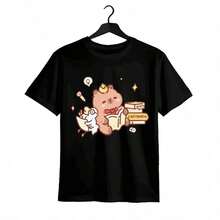 Tops para mujer Casual de Algodón para Mujer, Manga Corta, Cuello Redondo, con Estampado de Dibujos Animados - Negro - Ver 1
