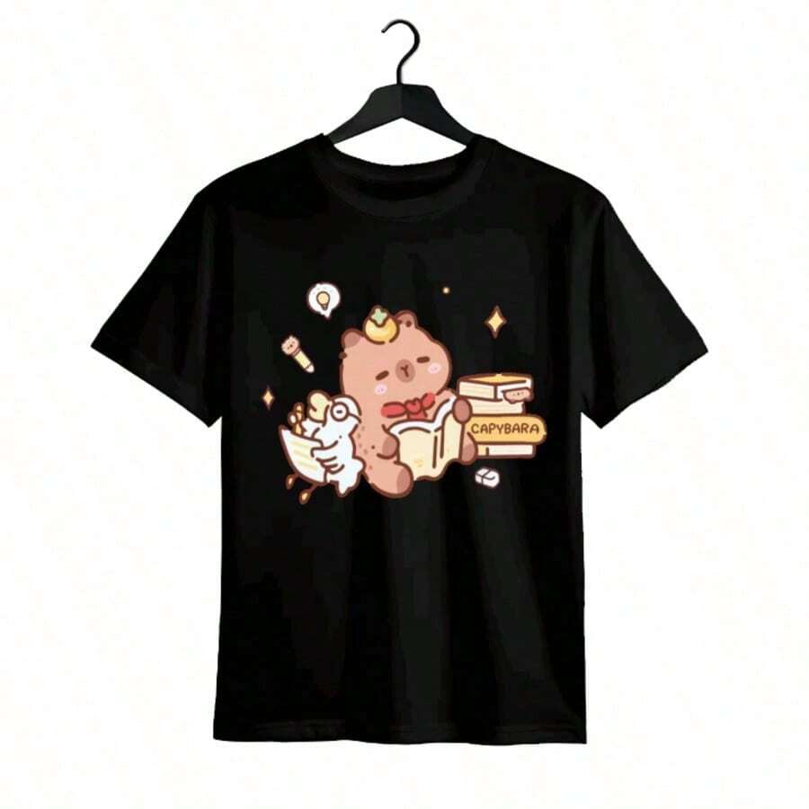 Tops para mujer Casual de Algodón para Mujer, Manga Corta, Cuello Redondo, con Estampado de Dibujos Animados - Negro - Ver 1