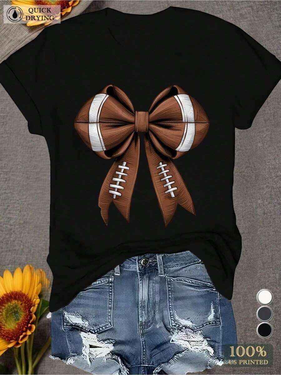 Camiseta Deportiva de Manga Corta para Mujer con Ilustración de Balón de Fútbol, Holgada, Casual y Versátil, Estilo Y2k - Negro - Ver 1