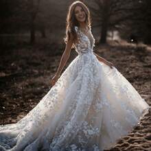Women's Elegant Lace Deep V-Neck Wedding Dress, Romantic Bridal Gown With Flared A-Line Skirt, Formal Evening Party Dress, Perfect For Dating, Banquet, Travel, Birthday, Celebration, Vacation, Prom, Special Occasions - 白色 - 查看 4