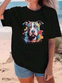 GiftGift Women's T-Shirt With Rainbow Pit Bull Print, Ideal For Animal Lovers, Casual And Fashionable Summer Style, Summer 2023 Style, Soft And Comfortable. - 黑色 - 查看 7
