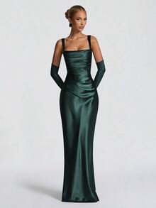 Vestidos elegantes Glamrae - Vestido de satén elegante con cintura ajustada y cordones, vestido largo para fiesta de Halloween, vestido formal de cóctel para banquete, vestido de fiesta de Navidad, vestido de boda de San Valentín, Vestidos Elitara - Verde oscuro - Ver 9