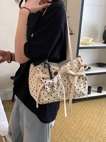 1 chiếc móc khóa hình cún con, túi đeo chéo chấm bi bằng vải canvas, túi tote đeo vai dễ thương dành cho nữ. - Be - Xem 2