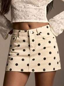 Denim Falda corta de mezclilla azul con estampado casual de vacaciones, estilo callejero, con estampado blanco - Albaricoque - Ver 5