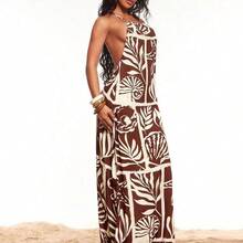Brown Linen-Feel Bohemian Style Dress, Ocean Print Dress, Sexy Beaded Backless Spaghetti Strap Dress, Vacation Dress, Beach Dress, Loose Comfortable Casual Dress, Suitable For Island Vacation, Beach, Holiday, Casual Outing, Party, Music Festival, Concert, Country Music Event Women's Beach Outfits Women's Holiday Co Ord Women's Summer 2 Pieces Sets Women's Swim Cover Up Bathing Suits For Women With Cover Ups,Summer Dresses For Women - Multicolor - Ver 3