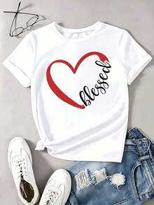 Women's White T-Shirt With Red Heart Print And "Blessed" Phrase, Short Sleeve Round Neck, Casual Top With Inspirational Design, Comfortable Clothing For Everyday Wear, Regular Fit For Outings And Casual Occasions - 白色 - 查看 1