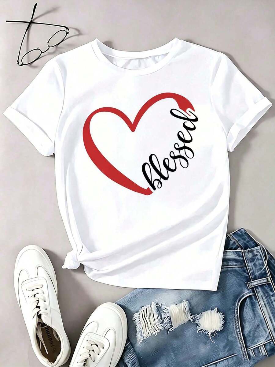 Women's White T-Shirt With Red Heart Print And "Blessed" Phrase, Short Sleeve Round Neck, Casual Top With Inspirational Design, Comfortable Clothing For Everyday Wear, Regular Fit For Outings And Casual Occasions - 白色 - 查看 1
