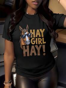 Caballo con gafas de sol que transmite humor y energía positiva recordando la libertad y la naturaleza divertida del verano camiseta de mujer casual cómoda para uso diario - Negro - Ver 1
