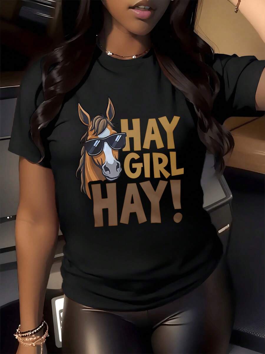 Caballo con gafas de sol que transmite humor y energía positiva recordando la libertad y la naturaleza divertida del verano camiseta de mujer casual cómoda para uso diario - Negro - Ver 1