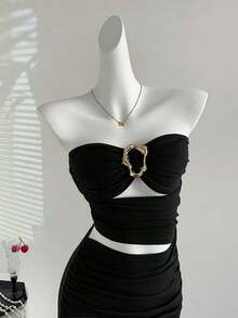 Vestido mini ajustado y sexy para mujer con hebilla metálica sin tirantes - Negro - Ver 4
