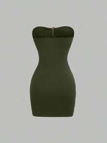 Vestido corto ceñido y sin tirantes para mujer con hebilla metálica - Verde militar - Ver 2