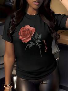 A Red Rose Symbolizing Passionate Love And Inner Strength, Accompanied By Words That Evoke Confidence And Hope. A Modern Women's T-Shirt For Elegant And Comfortable Everyday Wear. - 黑色 - 查看 8