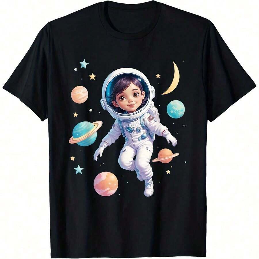 GiftSpace Women's Short Sleeve Crew Neck T-Shirt, Astronaut Design, Coic Explorer Style, One-Sided Print, Cotton, Soft, For All Seasons - 顏色 6 - 查看 1