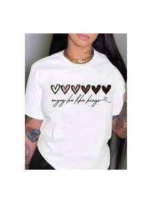 YOCASA Camiseta informal de verano para mujer, de cuello redondo, ajustada y manga corta, con estampado de pintura al óleo, floral, de corazones, de cerezas y de letras. Tejido informal sencillo, estilo deportivo, ideal para el día a día y para una cita de San Valentín - Blanco - Ver 4