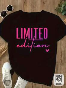 LIMITED EDITION Letter And Slogan Print T-Shirt - Casual Crew Neck, Short Sleeve, Machine Washable, Relaxed Fit Plus Size T-Shirt, Blouse, Shirt > Beautiful. - 黑色 - 查看 3