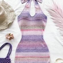 WYWH Colorful Ombre Halter Neck High Slit Romantic Casual Vacation Dress For Women,Summer Dresses For Women,Pastel Dresses For Women - Azul - Ver 9